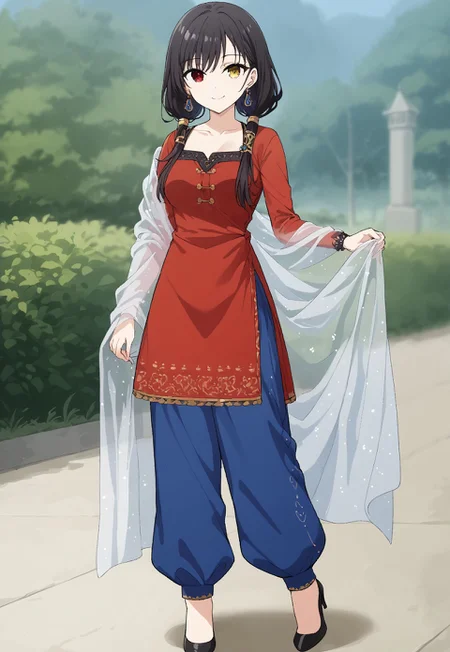 safe_pos, 1girl, solo, score_9_up, score_9, source_anime, 1girl, solo, black hair, red eye, twintail hair, yellow eye, heterochromia, 1girl, solo, twintails, closed mouth, smile, looking at viewer, standing, medium breast, fullbody , depts of field, expressiveh, <lora:Salwar_kameez:1> Traditional Indian, red tunic, intricate neckline, blue trousers, plain earrings, high heels, Salwar kameez, sheer sleeves, Sheer , Deep V-neckline , plain dress, shawl on chest, transparent shawl