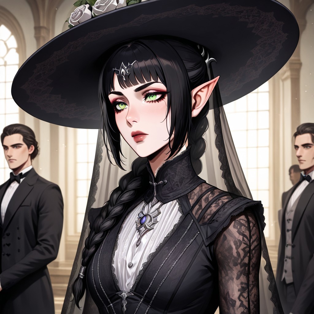 masterpiece, best quality, newest, absurdres, highres, anime, anime style, VGE-V1.0, goth fashion, victorian, solo, solo focus, female focus,
1girl, shadowheart \(baldur's gate\), long braid, elf, pointy ears, black hair, braid, side bangs, green eyes,
hat, round hat, veil, dress, formal,