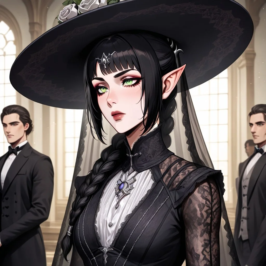 masterpiece, best quality, newest, absurdres, highres, anime, anime style, VGE-V1.0, goth fashion, victorian, solo, solo focus, female focus,
1girl, shadowheart \(baldur's gate\), long braid, elf, pointy ears, black hair, braid, side bangs, green eyes,
hat, round hat, veil, dress, formal,