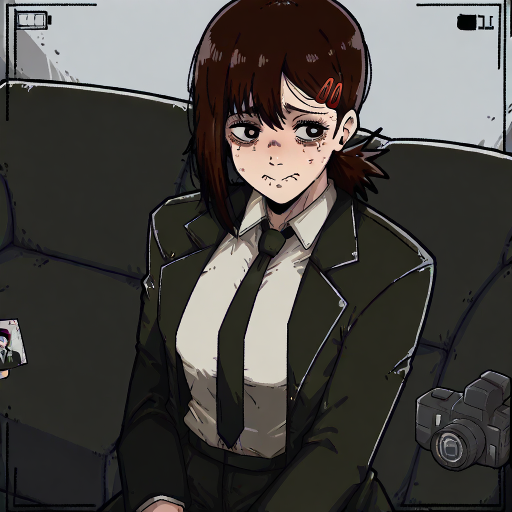 masterpiece, best quality, newest, absurdres, highres, mark_gavatino, mark gavatino style, CCV1.0-IL, couch, black couch, casting couch,  camera, 1girl, higashiyama kobeni (chainsaw_man), brown hair, collared shirt, black necktie, black jacket,
