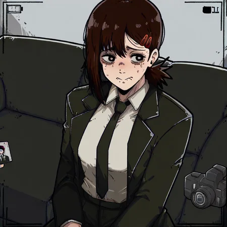 masterpiece, best quality, newest, absurdres, highres, mark_gavatino, mark gavatino style, CCV1.0-IL, couch, black couch, casting couch, camera, 1girl, higashiyama kobeni (chainsaw_man), brown hair, collared shirt, black necktie, black jacket,