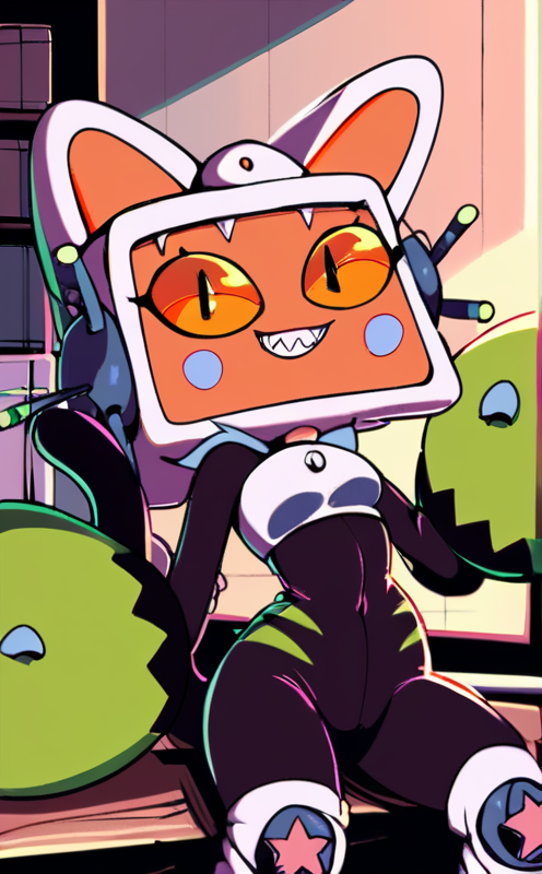 score_9, score_8_up, score_7_up,((best quality)), absurdres,<lora:BolivanteStyle:0.8>,  <lora:PADIPXL:0.8>,PADIPXL, orange eyes, yellow eyes, knee pads, fake animal ears, bodysuit, animal hands, cat ears, tail, cat tail,blush stickers,slim, smile, teeth,half-closed eyes,looking at viewer, sitting, grin, sharp teeth, inside, workshop