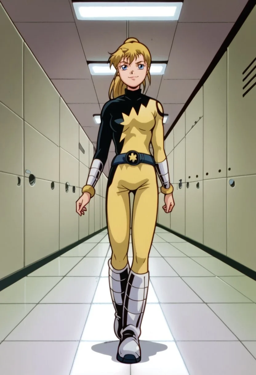 score_8, score_8_up, score_7_up, AWGXS, anime screenshot, retro artstyle,1990s (style), cel animation BREAK 1girl, female focus, solo, Future_Katie, blonde hair, ponytail, blue eyes, turtleneck, Power Pack uniform, asymmetrical clothes, star (symbol), ener_logo, print bodysuit, yellow bodysuit, black bodysuit, bracers, metal bracers, belt, metal boots, full body, walking, hallway, spacecraft interior, science fiction, smug, floor, wall, indoors, ceiling light