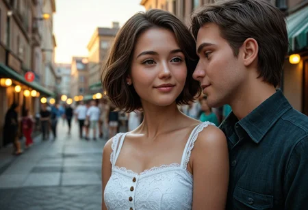A heartfelt, ultra-detailed reunion between a 1boy and 1girl, both in their late 20s, seeing each other for the first time in years. The moment is filled with deep emotion—joy, nostalgia, and the weight of time.
The woman is petite, with dark short hair, a small waist, and pronounced curves, her expression glowing with happiness yet touched by the quiet wisdom of experience. The man, a bit taller with a slim frame, mirrors her emotions, his face revealing both delight and the burdens of his journey. Their professions remain a mystery, but their postures and subtle details hint at lives filled with responsibility.
Set against a softly blurred, atmospheric backdrop—perhaps a bustling city street, a quiet park, or a familiar café—the world fades behind them as they reconnect. Their gazes lock, emotions conveyed through delicate body language and nuanced facial expressions, capturing the beauty of a long-awaited reunion.
Cinematic lighting, ultra-realistic facial details, emotional storytelling, warm and intimate atmosphere, expressive eyes, natural pose, SFW.