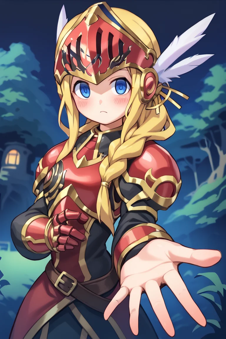 (score_9, score_8_up, score_7_up, score_6_up), source anime, BREAK, <lora:Aegina:0.60> , aegdef, 1girl, blonde hair, long hair, braid, blue eyes, valkyrie, visor (armor), winged helmet, armored dress, armor, gauntlets, boots, neutral expression, blush, closed mouth, looking at viewer, solo, single braid, <lora:zy_Detailed_Backgrounds_v1:0.5> , detailed background, highly detailed, castle, fortress, night, forest, overgrowth, jungle, <lora:Beckoning_XLPD:1> , beckoning, reaching towards viewer, <lora:reaganlongPonyXL01_100e_8x1:0.6>