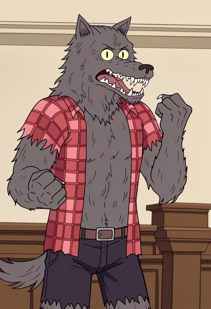 score_9_up, score_8_up, score_7_up, detailed, high quality, masterpiece, best quality, amazing quality, solo, male, anthro, w0lfhard, werewolf, grey fur, dark brown nose, yellow sclera, slit pupils, sharp teeth, claws, tail, open torn red plaid shirt, brown belt, torn purple-grey short pants, half body, standing, looking at viewer, snarling, one raised hand, clenched fist, courtroom.
