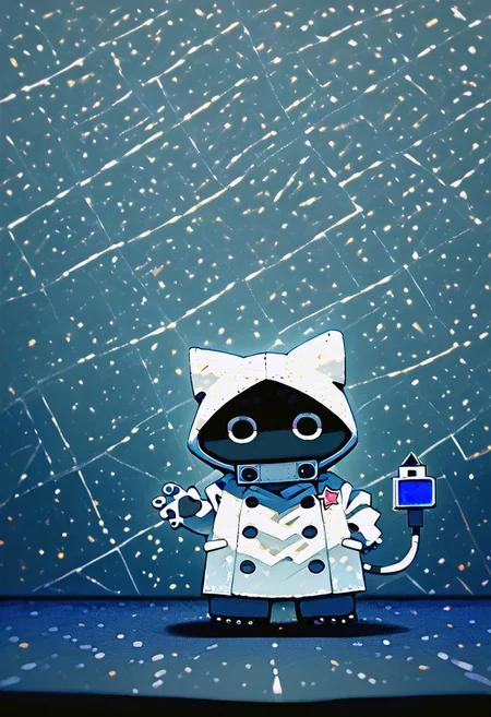 zuppu11, full body, solo, score_9, score_8_up, look at viewer, no humans, flux-style, neumaf, 1other, cute, electric plug tail, black eyes, black face, white windbreaker, red star on clothes, cyberpunk city background, standing