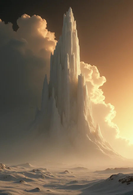 The image is a highly stylized and artistic depiction of an ice-covered monumental structure resembling a nebular cloud in the vastness of space. The station, representing Earth or Nature, is bathed in a soft sepia tone that evokes a sense of nostalgia and timelessness, reminiscent of the Pictorialist photography movement. The use of ambient lighting creates a sense of depth and drama, while the low-angle side view adds to the monumentality of the scene. The overall style is reminiscent of Jon Foster's surreal and dreamlike artworks. The contrast between the light and darkness emphasizes the station's grandeur and the power of the cosmos it occupies. ,