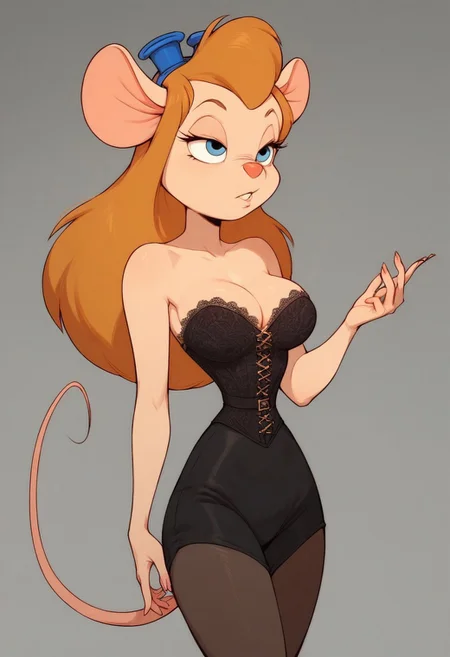 score_9, score_8_up, score_7_up, break,
solo, 1girl, Gadget, sexy rat girl, Mouse tail, bald head, perfect face, thin waist, focus on furry, big natural breasts, dominatrix, lace corset, cleavage,
