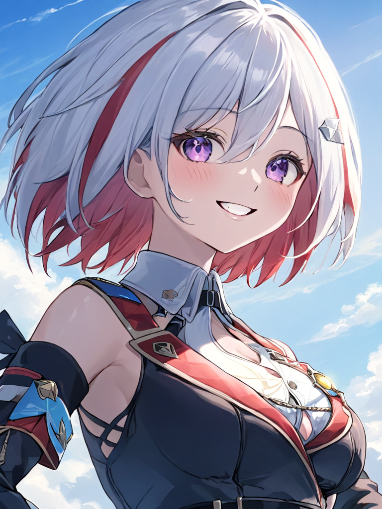 ultra-detailed,(best quality),((masterpiece)),(highres),original,extremely,  <lora:tuopax_xl-000008:1>,1girl, smile, solo, gloves, multicolored hair, red hair, purple eyes, breasts, looking at viewer, black gloves, short hair, holding, hand on hip, white hair, sky, grin, bangs, two-tone hair, medium breasts, upper body, day, blush, watch, hair between eyes, blue sky, teeth, outdoors