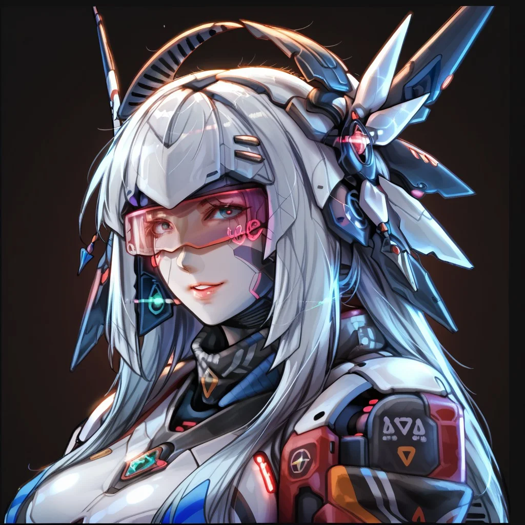 uaf-character, |||, breasts, humanoid robot, mecha musume, medium breasts, silver hair ornament, uaf_neuko, upper body, glowing, android, visor, smile, black border, uaf-portrait, robot girl, robot, uaf_redblue_backlight, parted lips, solo, uaf_red_blue_ilumination, helmet, simple background, 1girl, 80swa, Expressiveh, score_9,score_8_up,score_7_up, 20 years old, 8k, hd, beautiful korean girl, , ultra realistic, hyper realistic, detailed face, natural huge breasts, beautiful woman's face, <LoRA: uafPortraits-000110>, <LoRA: uaf Wt: 1>, pureerosface_v1, (PureErosFace_V1:0.8)
