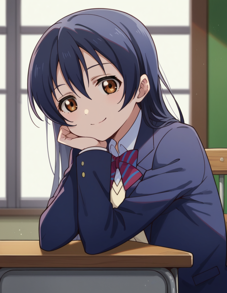score_9, score_8_up, score_7_up, source_anime, <lora:umi-sonoda-s1-ponyxl-lora-nochekaiser:1>, umi sonoda, long hair, bangs, hair between eyes, brown eyes, blue hair,, skirt, school uniform, jacket, blazer, winter uniform, otonokizaka school uniform,, indoors, smile, looking at viewer, solo, sitting, head rest, table,, cowboy shot, dutch angle
