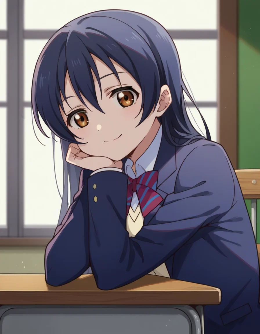 score_9, score_8_up, score_7_up, source_anime, <lora:umi-sonoda-s1-ponyxl-lora-nochekaiser:1>, umi sonoda, long hair, bangs, hair between eyes, brown eyes, blue hair,, skirt, school uniform, jacket, blazer, winter uniform, otonokizaka school uniform,, indoors, smile, looking at viewer, solo, sitting, head rest, table,, cowboy shot, dutch angle