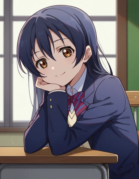 score_9, score_8_up, score_7_up, source_anime, <lora:umi-sonoda-s1-ponyxl-lora-nochekaiser:1>, umi sonoda, long hair, bangs, hair between eyes, brown eyes, blue hair,, skirt, school uniform, jacket, blazer, winter uniform, otonokizaka school uniform,, indoors, smile, looking at viewer, solo, sitting, head rest, table,, cowboy shot, dutch angle