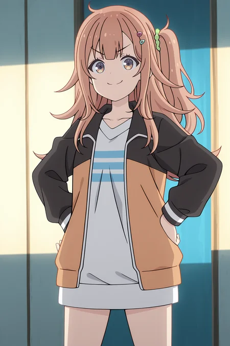 volumetric lighting, official style, amazing quality, ultra detailed, highres, detailed background, anime screenshot, anime screencap, anime coloring, masterpiece, detailed face,1girl <lora:Shinon_Ogawa__-20:0.9> Shinon Ogawa,Shinon Ogawa(Outfit 1), solo, hair ornament, hairclip, smile, black and yellow jacket, hands on hips, long hair, one side up, white shirt with three blue stripes, orange hair, v-shaped eyebrows, scrunchie, purple and orange eyes, >:), looking at viewer, open jacket