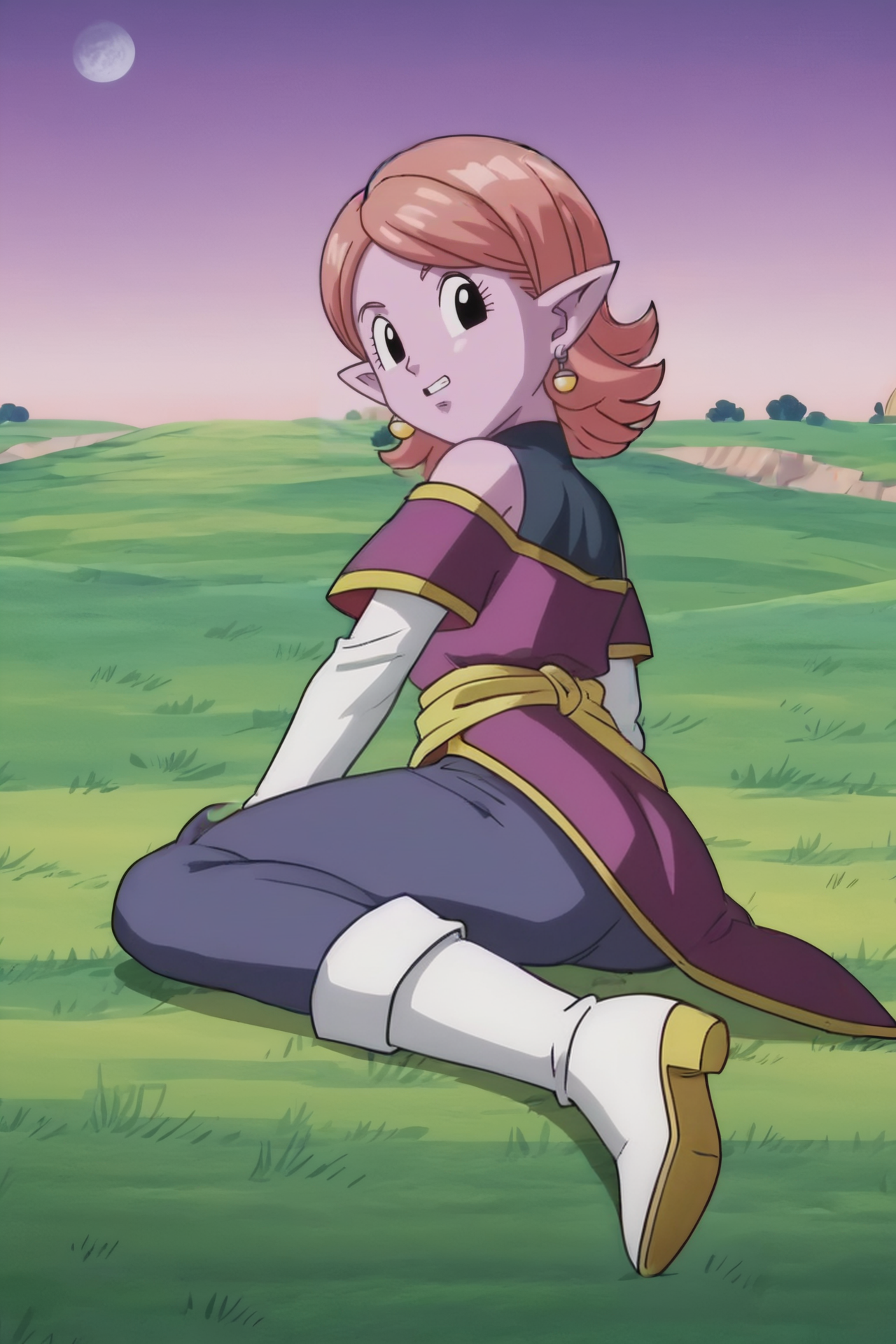 source_anime, score_9, score_8_up, score_7_up, anime screencap,8k, absurdres, 
chronoa, potara earrings, orange hair, pointy ears, black eyes, colored skin, purple skin,
bare shoulders, potara earrings, off shoulder, detached sleeves, white sleeves, purple tunic, sleeveless turtleneck leotard, kai tunic, blue pants, high heel boots,
looking back, from behind, tree, grass, official style, sitting, shoe soles, 
 <lora:chronoa_pony_v1:0.8>