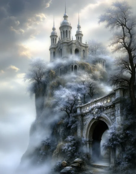 Ethereal Gothic Elegance, The image is a digital painting of a castle on top of a cliff. The castle is made of stone and has multiple towers with intricate carvings and domes. The sky is cloudy and there is a layer of fog or mist covering the entire scene. The cliff is covered in trees and shrubs and there are a few rocks scattered around the base of the cliff. In the foreground there is an archway leading up to the castle. The overall mood of the image is mysterious and ethereal., no humans, tree, scenery, fog, castle, outdoors, sky, cloud, tower, water