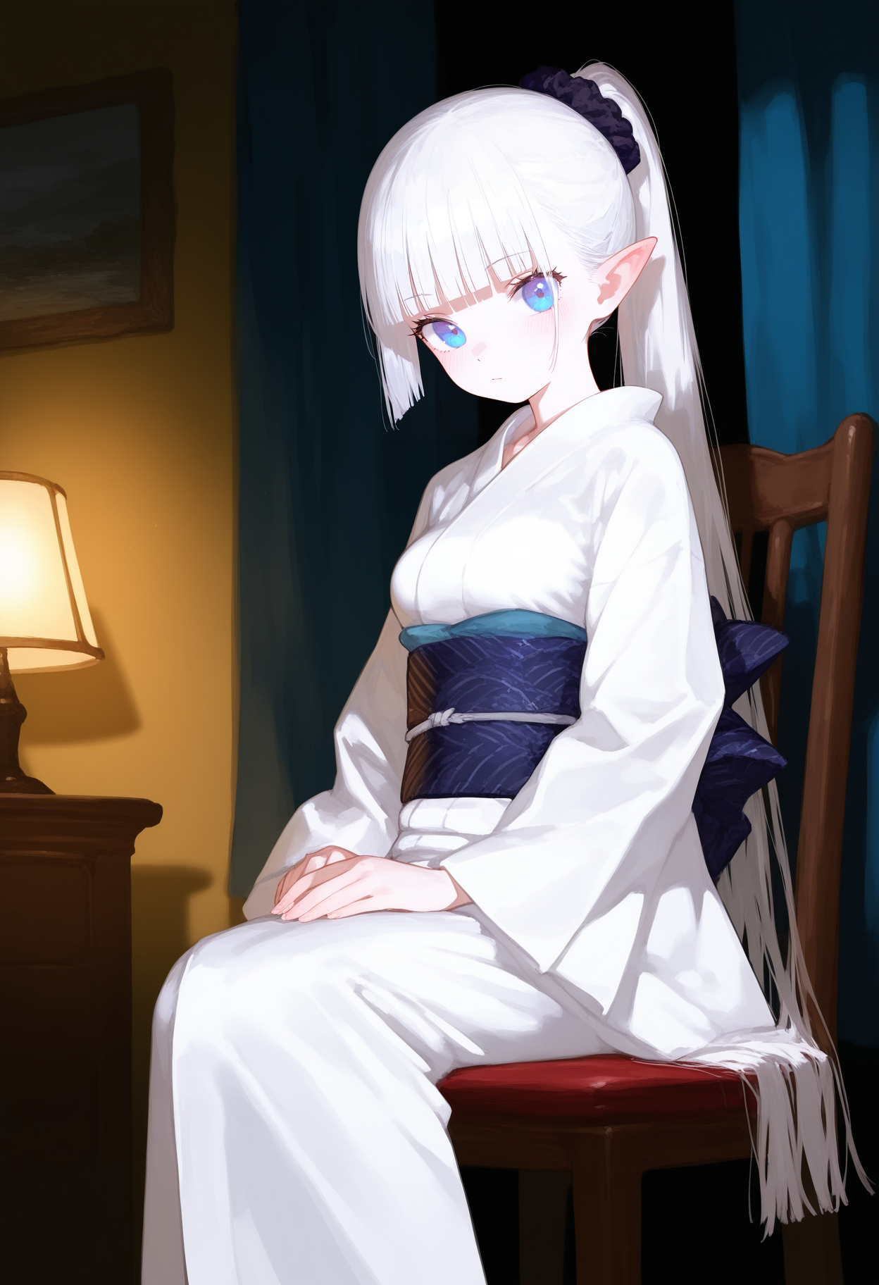 masterpiece, best quality, good quality,
1girl, solo, long hair, looking at viewer, blush, blue eyes, long sleeves, hair ornament, closed mouth, medium breasts, very long hair, sitting, white hair, ponytail, japanese clothes, pointy ears, indoors, blunt bangs, kimono, sash, feet out of frame, chair, obi, scrunchie, curtains, hair scrunchie, white kimono, lamp, picture frame
<lora:flutecocktail_ill_v2:1>