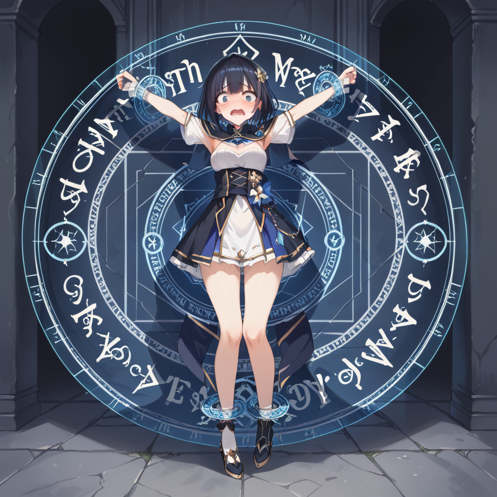 score_9, score_8_up, score_7_up, best quality, masterpiece, source_anime,  BREAK, scared, blush, arm up.  1girl, <lora:restrained_magic_circle:1>magic circle, restrained, full body