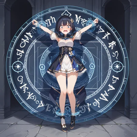 score_9, score_8_up, score_7_up, best quality, masterpiece, source_anime, BREAK, scared, blush, arm up. 1girl, <lora:restrained_magic_circle:1>magic circle, restrained, full body