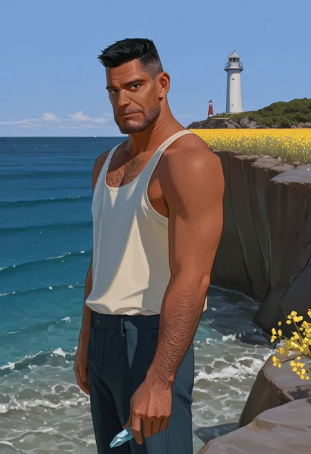 1boy, standing, looking at viewer, white tank top,
BREAK
<lora:Inspector_Yuminaga_from_Detective_Conan_v1.0:1>
inspectoryuminaga, old man, black hair, flattop, dark skin,
BREAK
<lora:Best_Dad_Ever:0.4> b1gd4d, thick arm hair, thick chest hair,
BREAK
outdoors, horizon, rapeseed blossoms, blue pickup truck, holding crystal, ocean, cliff, lighthouse, lighthouse,
<lora:Elegence_Niji:1> 3l3ganc3,
BREAK
very awa, masterpiece, best quality, absurdres, newest, perfect quality, detailed background, intricate details,