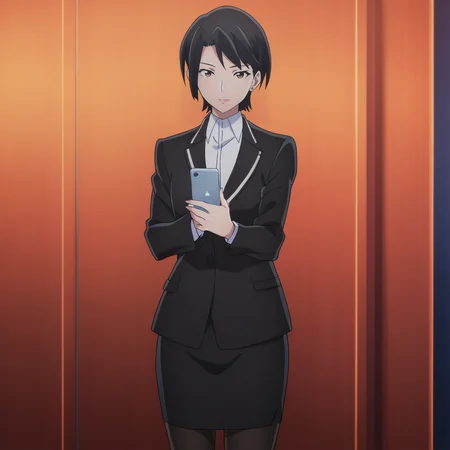 masterpiece,best quality,amazing quality,highres,absurdres,very aesthetic,high resolution,ultra detailed,perfect details,
<lora:Hiasa_Sekuro:1>,hiasa sekuro,1girl,anime screencap,solo,pantyhose,skirt,formal,suit,black hair,phone,pencil skirt,jacket,skirt suit,short hair,standing,black pantyhose,cellphone,portrait,upper body,close-up,masterpiece,best quality,beauty detailed face,