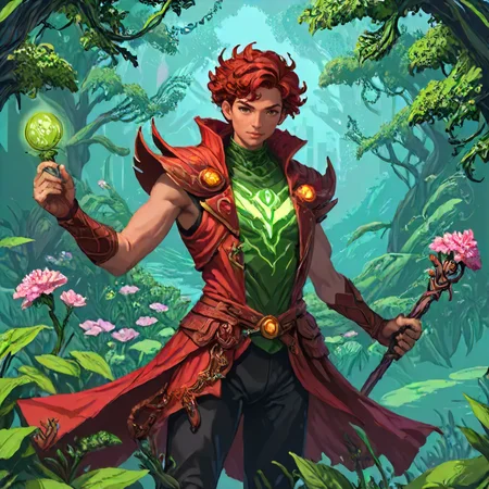 <lora:!action-sdxl-V0.5:1> zdyna_pose <lora:add-detail-xl:0.8> <lora:rpg_portrait:1> rpg portrait, photograph, villain BREAK (style-swirlmagic:0.8), solo, from front, front view, upper body, detailed background, detailed face, (<lora:CyberPunkAIp:0.6>, neon, CyberpunkAI theme:1.1), biomancer, nature themed red mage sleeveless attire, leaf cape, organic jewelry, wielding gnarled scepter of nature, (green color scheme:1.1), surrounded by floral magic, gracefully manipulating flowers, dynamic pose, floating leaves, springtime revival, , verdant nature, , overgrowth, , bloom flowercaster, lavenders, , carnations, , marigolds, enchanted canopy in background, ethereal magical atmosphere,