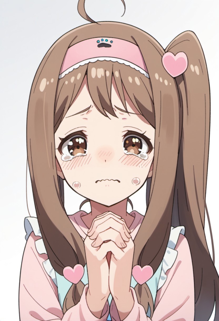 score_9, score_8_up, score_7_up, source_anime, hayase kinue, long hair, brown hair, brown eyes, 1girl, ahoge, solo, crying, hair ornament, tears, hairband, wavy mouth, own hands together, heart, side ponytail, sad, shirt, upper body