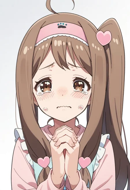score_9, score_8_up, score_7_up, source_anime, hayase kinue, long hair, brown hair, brown eyes, 1girl, ahoge, solo, crying, hair ornament, tears, hairband, wavy mouth, own hands together, heart, side ponytail, sad, shirt, upper body