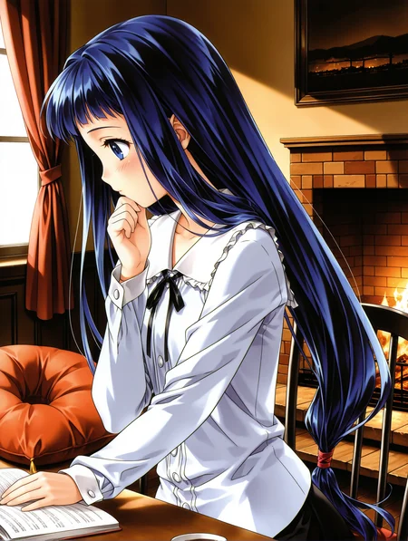 masterpiece,best quality,newest,1girl,solo,
<lora:s_yukino_ilxlv1.0:1>,s_yukino,blue hair,low-tied long hair,blue eyes,y_clothes,white shirt,black skirt,
<lora:Fixhands_anime_bdsqlsz_V1:1>,upper_body,reading,fireplace,cushion,sash,curtains,chair,study,desk,profile,facing ahead,from_side,light_blush,blush,happy,