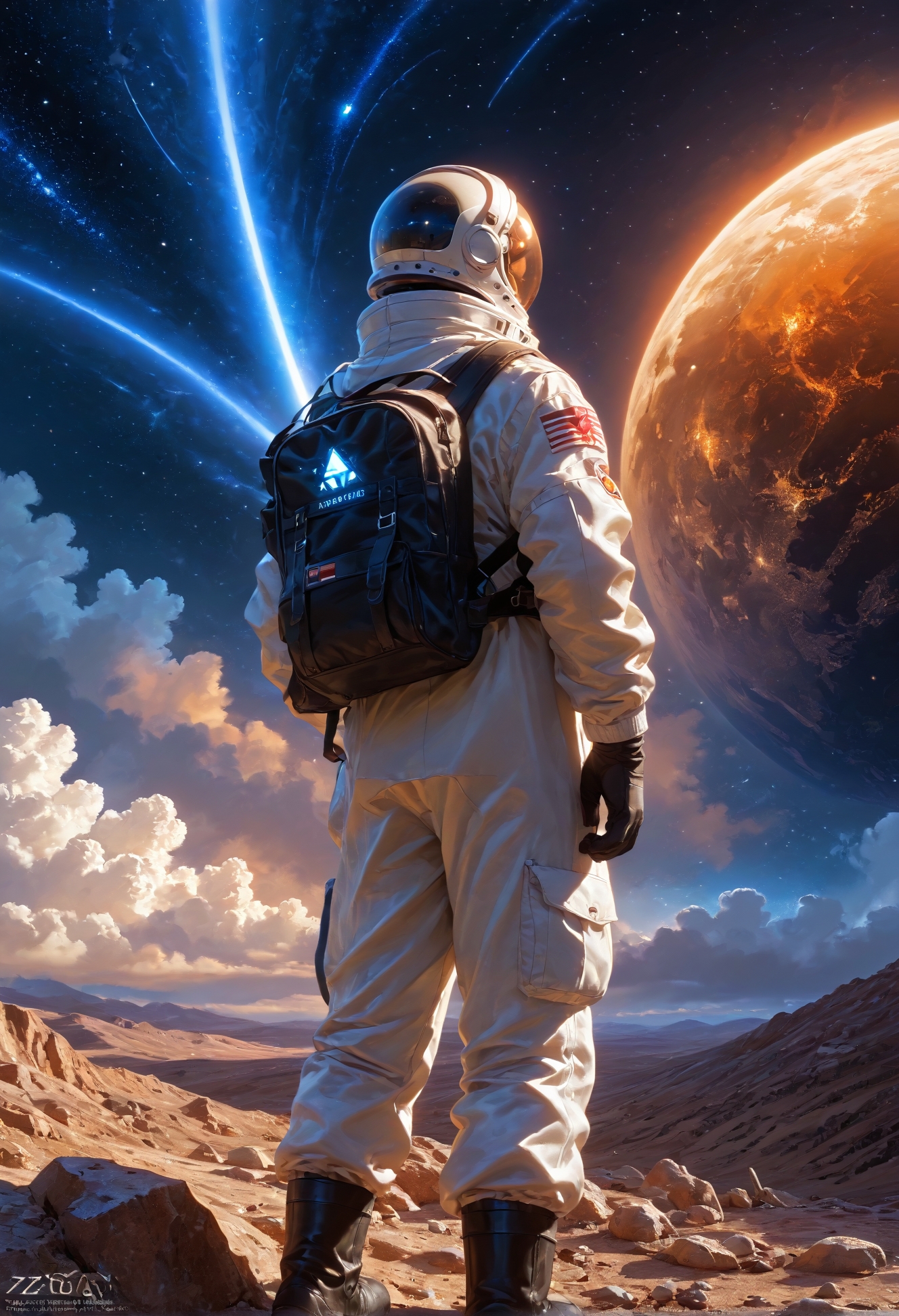 score_9,score_8_up,score_7_up,embedding:zPDXL2, masterpiece,best quality,highly detailed,detailed background, film grain,colorful,glowing,hand person,Expressiveh, , solo, 1boy, standing, male focus, bag, from behind, watermark, backpack, helmet, star \(sky\), scenery, 1other, science fiction, realistic, space, planet, ambiguous gender, spacecraft, spacesuit, astronaut, starship，<lora:增强\(增强)sdxl_lightning_8step_lora.safetensors:1.0:1.0> <lora:增强\(增强)Expressive_H-000001.safetensors:0.8:0.8> <lora:增强\(增强)Hands XL 4.safetensors:1.0:1.0> <lora:增强\glowneon_xl_v1.safetensors:1.0:1.0> <lora:Vixon\收藏\Vixon's Pony Styles Illumi.safetensors:0.8:0.8>