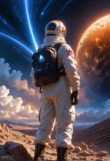 score_9,score_8_up,score_7_up,embedding:zPDXL2, masterpiece,best quality,highly detailed,detailed background, film grain,colorful,glowing,hand person,Expressiveh, , solo, 1boy, standing, male focus, bag, from behind, watermark, backpack, helmet, star \(sky\), scenery, 1other, science fiction, realistic, space, planet, ambiguous gender, spacecraft, spacesuit, astronaut, starship，<lora:增强\(增强)sdxl_lightning_8step_lora.safetensors:1.0:1.0> <lora:增强\(增强)Expressive_H-000001.safetensors:0.8:0.8> <lora:增强\(增强)Hands XL 4.safetensors:1.0:1.0> <lora:增强\glowneon_xl_v1.safetensors:1.0:1.0> <lora:Vixon\收藏\Vixon's Pony Styles Illumi.safetensors:0.8:0.8>