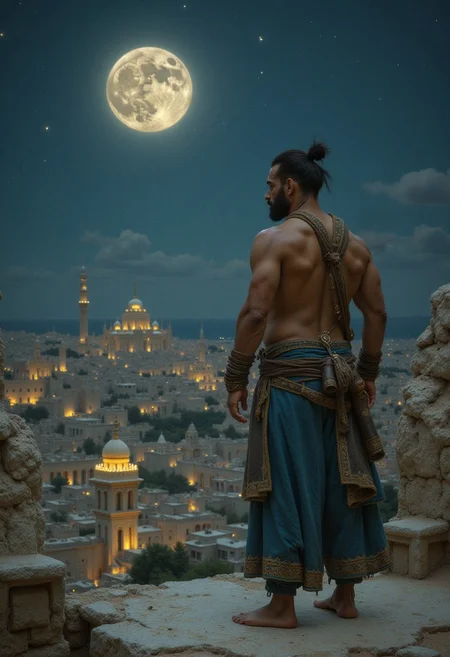 detailed city, A beefy hairy middle eastern man, shirtless, with black hair tied in a man bun, unkempt beard, thick eyebrows, prominent nose, wearing indigo baggy pants with ornate golden embroidering, stands barefoot atop weathered stone ramparts. The figure, captured in a medium shot, against a starry, moon-lit night sky. The man's gaze, resolute and distant, falls upon a distant arabic city adorned with golden domes. Focus on the stoic anticipation emanating from the archer, illuminated by the full moon and the flickering city lights, set against the sprawling panorama of an ancient city. Rendered in painterly brushstrokes with a muted, cold palette, emphasize the interplay of light and shadow on the man's masculine physique and the textures of aged stone and fabric. Add a sense of impending conflict, a palpable tension that hangs heavy in the twilight air.