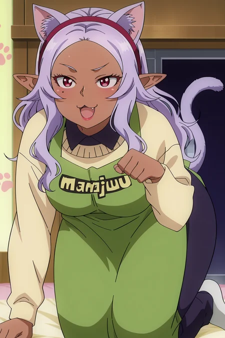 anime screencap, anime coloring, detailed face, masterpiece, best quality, very aesthetic, absurdres, volumetric lighting, official style, amazing quality, ultra detailed,  highres, amazing quality, scenery, beautiful detailed hair, beautiful detailed eyes
 <lora:Kuroeda_Plus-Sized_Elf_-_Illustrious:1>
Kuroeda manjuu outfit, Kuroeda (character), mole under eye, pointy ears, 1girl, elf, mole, dark-skinned female, solo, dark skin, dark elf, red eyes, green apron, open mouth, lipstick, hairband, purple hair, cowboy shot, paw pose, cat ears, cat tail, paw print background, :3, girl on all fours,