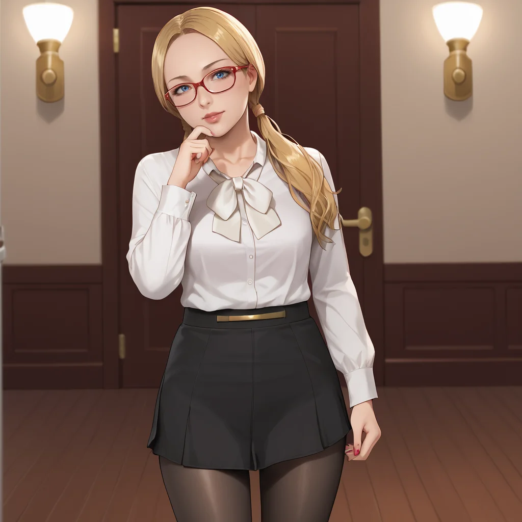 <lora:katherinewarrenre2r_pony_v1:.8>  KatherineWarren, 1girl, solo, blonde hair,twintails, long hair, blue eyes, nail polish, jewelry, cowboy shot, <lora:0906 Home wear 6_v1_pony:1> ruanyi0906,black pantyhose,black skirt,blouse,glasses,long sleeves,white shirt