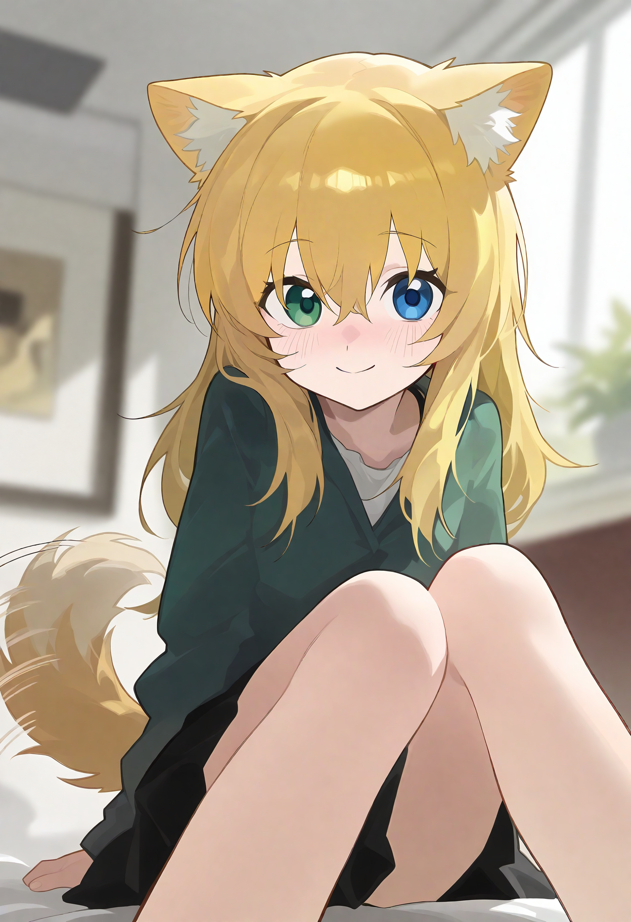 masterpiece, best quality, good quality, pnya,
1girl, tail, animal ears, tail wagging, dog tail, solo, dog ears, dog girl, looking at viewer, indoors, sitting, blurry background, smile, blue eyes, long hair, blush, skirt, blonde hair, black skirt, closed mouth, tail raised, animal ear fluff, depth of field, green eyes, hair between eyes
<lora:ai_styles_collection_noob_vpred-1.0-v4.02:1>