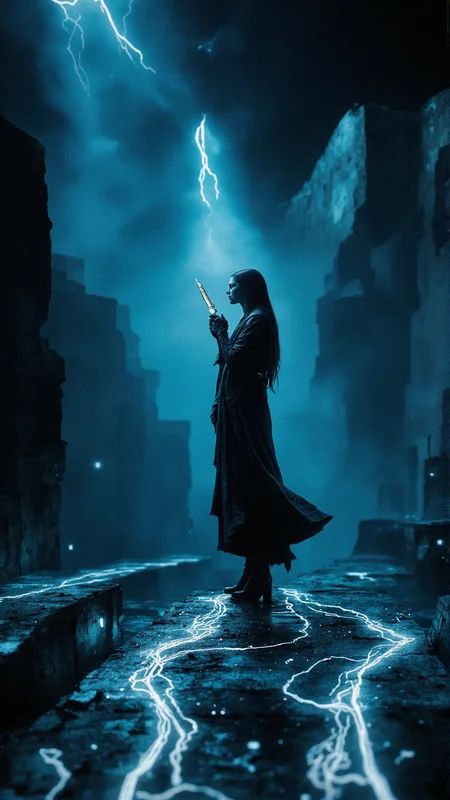 In a dimly lit, futuristic laboratory, a time traveler stands at the edge of a flowing liquid, her eyes fixed on a distant point beyond the horizon. The air is thick with an eerie, dark blue mist that seems to seep from the very walls themselves. Spotlights cast long shadows across the room, illuminating the contours of the time traveler's face and the sleek, metallic surface of the device she holds. A beam of light cuts through the gloom, casting an otherworldly glow over the entire scene. The camera angle is low and dramatic, placing the viewer at the time, <lora:Flux_Turbo_Alpha.safetensors:1.0> <lora:Wiz-The_Grit.safetensors:0.5> gritty poster art <lora:aidmaFLUXpro1.1-FLUX-V0.2.safetensors:0.7> aidmafluxpro1.1