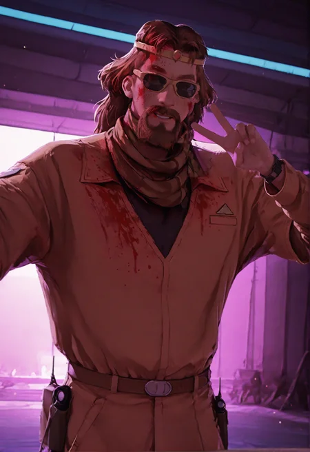 cinematic photo anime artwork cinematic film still concept art (masterpiece, best quality,high quality,:1.2) newest, highres,absurdres,
<lora:zayz-20:0.9>knyaza, 1boy, male focus, solo, facial hair, mustache, brown hair, beard, circlet, crown, close up,
  <lora:noobai_vpred_1_aqm_complete_v3:0.8> masterpiece, best quality, very aesthetic,jambo, 1boy, male focus, scarf on face, solo, sunglasses, belt , hand up, v <lora:jambo:0.6> desert, military, military theme, cowboy shot   <lora:96YOTTEA-WAI:0.9> blood on face, cyberpunk, vaporwave, neon, vibes, vibrant, stunningly beautiful, crisp, detailed, sleek, ultramodern, magenta highlights, dark purple shadows, high contrast, cinematic, ultra detailed, intricate, professional . digital artwork, illustrative, painterly, matte painting, highly detailed . shallow depth of field, vignette, highly detailed, high budget Hollywood movie, bokeh, cinemascope, moody, epic, gorgeous, film grain, grainy . anime style,  vibrant, studio anime, highly detailed . 35mm photograph, film, bokeh, professional, 4k, highly detailed