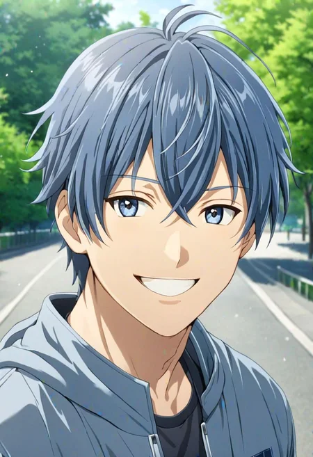 high resolution, solo, best quality, 1Boy, Tomoya Okazaki, Grey Blue Hair, Looking at viewer, happiness, depth of field, half body, outdoor, OverallDetail