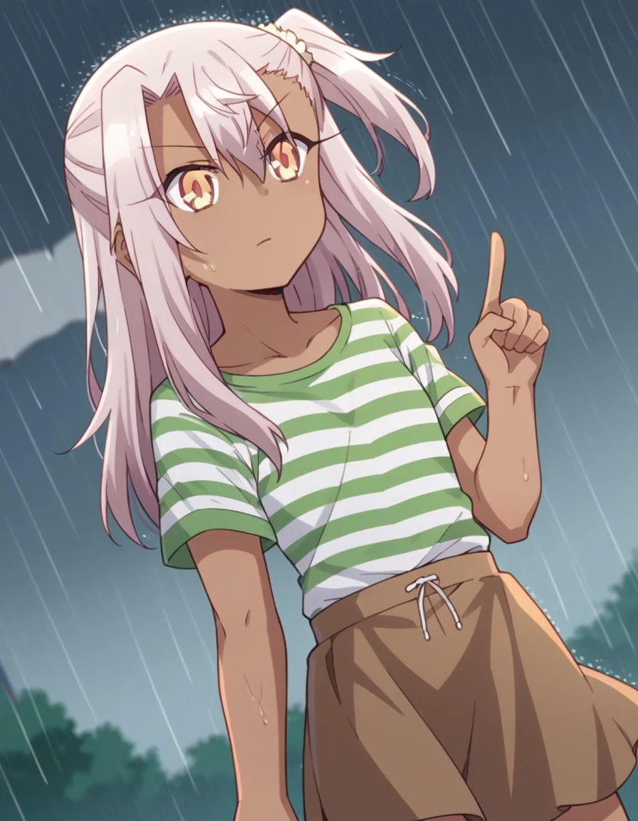 score_9, score_8_up, score_7_up, source_anime, <lora:chloe-von-einzbern-prisma-s2s3-ponyxl-lora-nochekaiser:1>,, chloe von einzbern, long hair, hair between eyes, yellow eyes, pink hair, dark skin, dark-skinned female,, skirt, shirt, collarbone, white shirt, short sleeves, shorts, socks, striped, one side up, white socks, brown skirt, striped shirt, green shirt,, rainy day, umbrella, walking home, puddles, wet hair, , , hand pointing index finger, solo,, cowboy shot, dutch angle