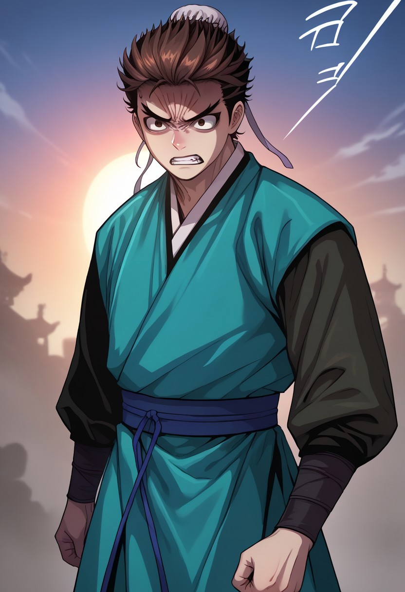 score_9, score_7_up, source_anime, 
mokyoo, 1boy, male focus, solo, brown eyes, brown hair, hair bun, single hair bun, bun cover, chinese clothes, hanfu, robe, green robe, shirt, brown shirt, long sleeves, teeth, angry, anger vein, parody,
outdoor, japan, sun,
