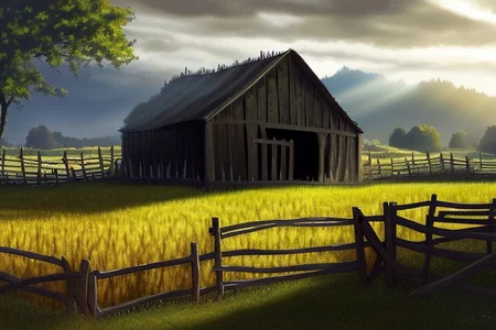 RAW photo, (masterpiece:1.3), subsurface scattering, heavy shadow, (high quality:1.4), (intricate, high detail:1.2), professional photography, HDR, High Dynamic Range, realistic, ultra realistic, photorealistic, high resolution, film photography, ambient lighting, atmospheric effects, <lora:detail_slider_v4:2>, OverallDetail, farm, fields, barn, fence, fantfa, <lora:FantasyFarm:1>