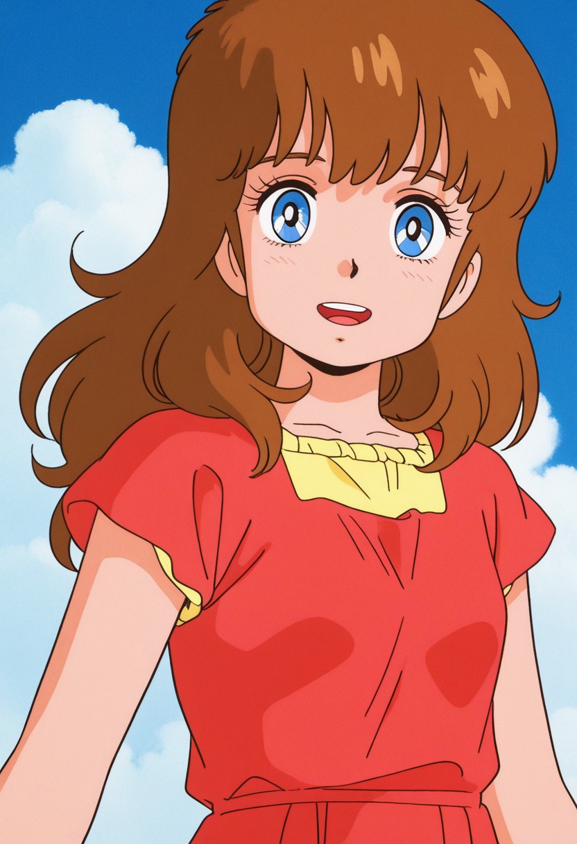 masterpiece, best quality, source_anime,official art,perfect_anatomy,1980s_\(style\),retro_artstyle,clare barbland,1girl,blue eyes,brown hair,long hair,dress,looking_at_viewer,smile,open mouth,upper body,day,blue_sky,cloud,