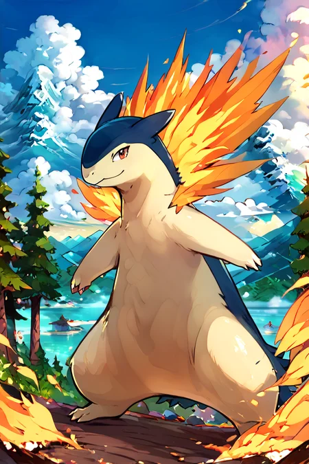 score_9, score_8_up, score_8, ,,, , ,,, zzTyphlosion, no humans, pokemon (creature), fire, <lora:TyphlosionPokedex_PDXL:1.0>, ,,, , BREAK, looking at viewer, smile, outdoors, sky, day, cloud, tree, blue sky, mountain, cowboy shot, ,,, embedding:zPDXL, Expressiveh, ,,, <lora:Alola_Style_PDXL:0.8>, <lora:CatalystStylePDXL:0.8>, <lora:Expressive_H-000001:0.4>,