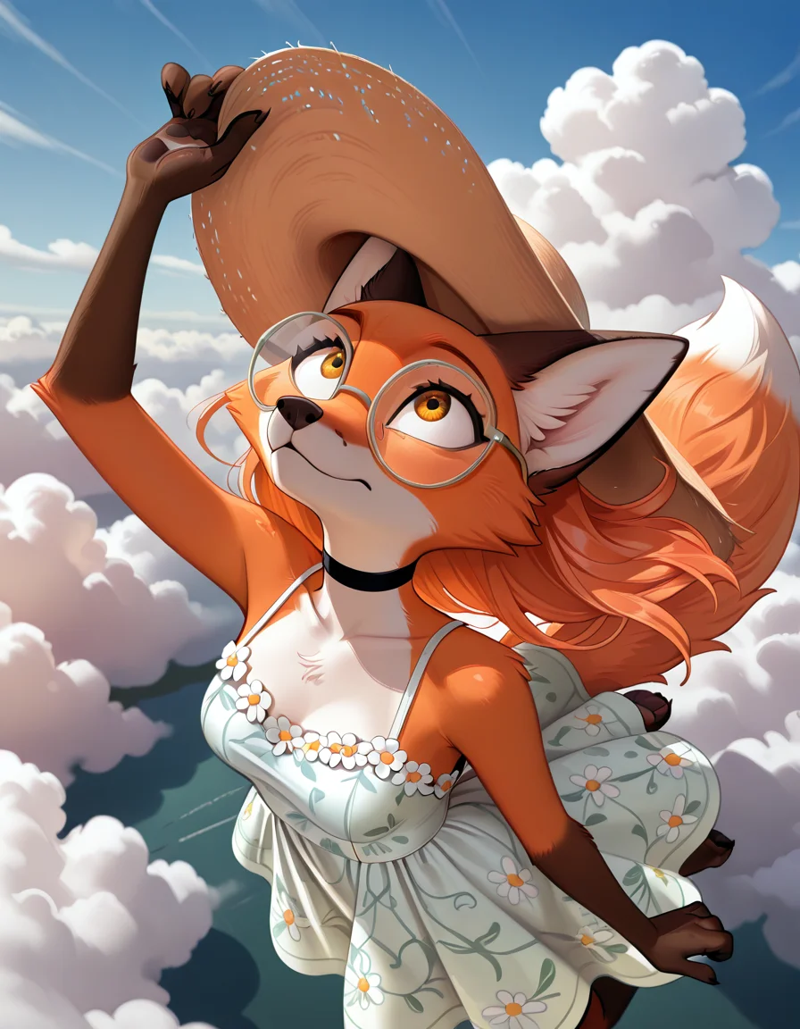 solo, 1girl,otserey, fox girl, red fur, white fur, two-tone fur, glasses, long orange hair, looking up, holding sunhat, midair, floral sundress, sky, clouds, outstretch paw, arm up, from above,