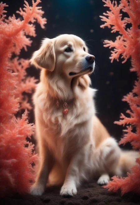 A cute golden retriever next to a cute calico cat, cat and dog made of coral, (both made of coral), realistic fantasy, good composition, soft lighting, bokeh