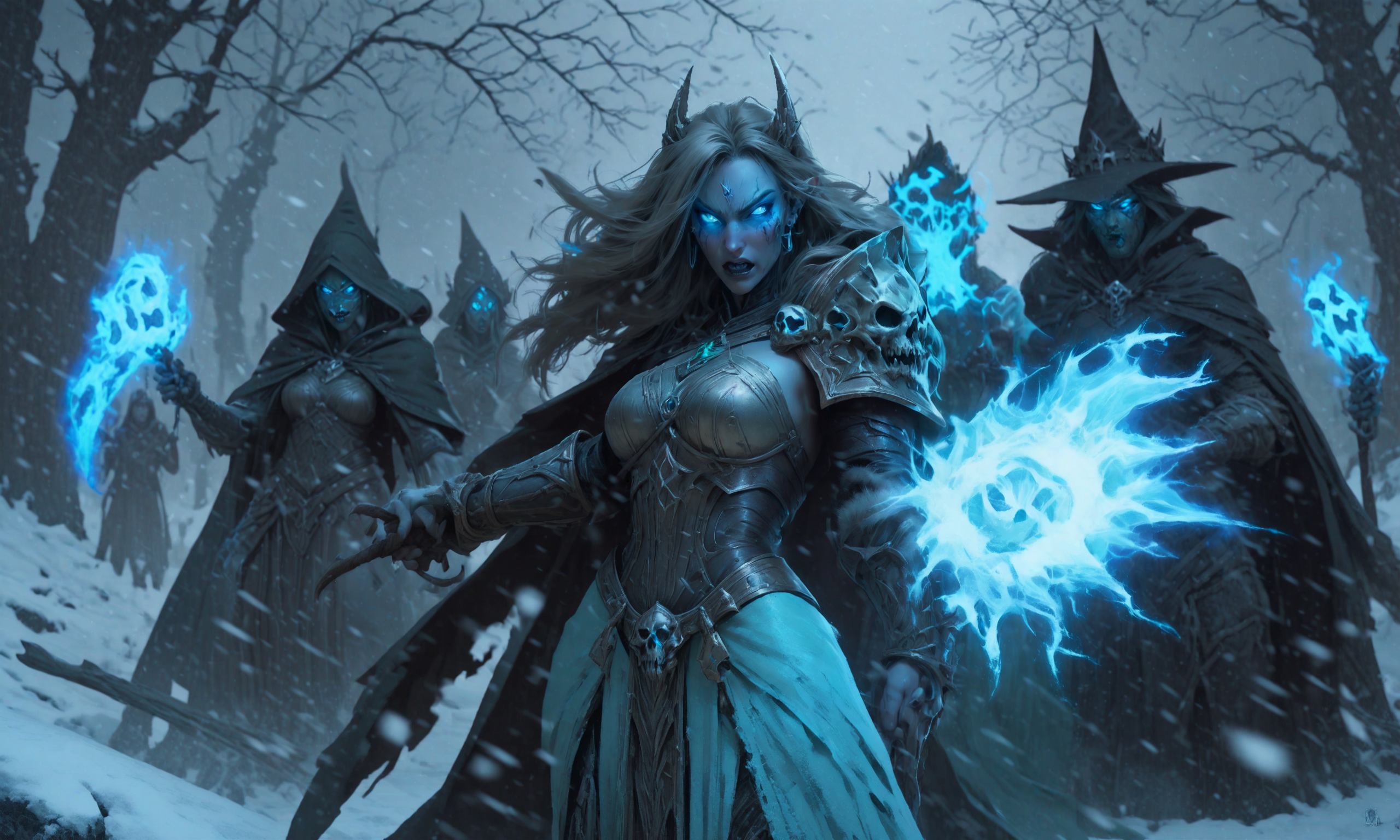 deathknight style,a witch's coven fights for power,8k,masterpiece,realistic,glowing eyes,epic,trending on artstation,hyperdetailed photography,sharp focus,frost theme,(p. craig russell:1.2), <lora:deathknightsyleXL-000004:0.7>,snowing