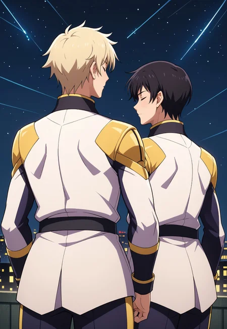 score_9, score_8_up, score_7_up, source_anime, cowboy shot, 2boys, male focus, rear view, BREAK, ( ein_dalton, eyes closed, black hair, ) standing next to ( hush_middy, eyes closed, light blond hair, ), facing away from viewer, looking out at a night time cityscape, BREAK, pretty lights, silhouetted buildings, night sky, stars, shooting star, christmas lights,