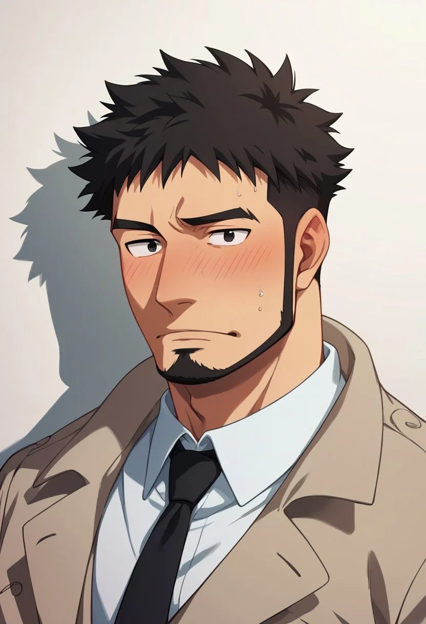 score_9, score_8_up, score_7_up, score_6_up, perfect anatomy, perfect proportions, best quality, masterpiece, high_resolution, high quality, solo male, Genma Shizume, black hair, (medium hair, slight spiky hair:1.2), slight spread hair, black eyes, (sideburns, facial hair, chinstrap beard, jawline beard), black suit, shirt, black necktie, ((black jacket, brown trench coat, open trench coat, long coat)), adult, mature, masculine, manly, handsome, charming, alluring, (full face blush), surprised, sweat drop, portrait, headshot, look at viewer