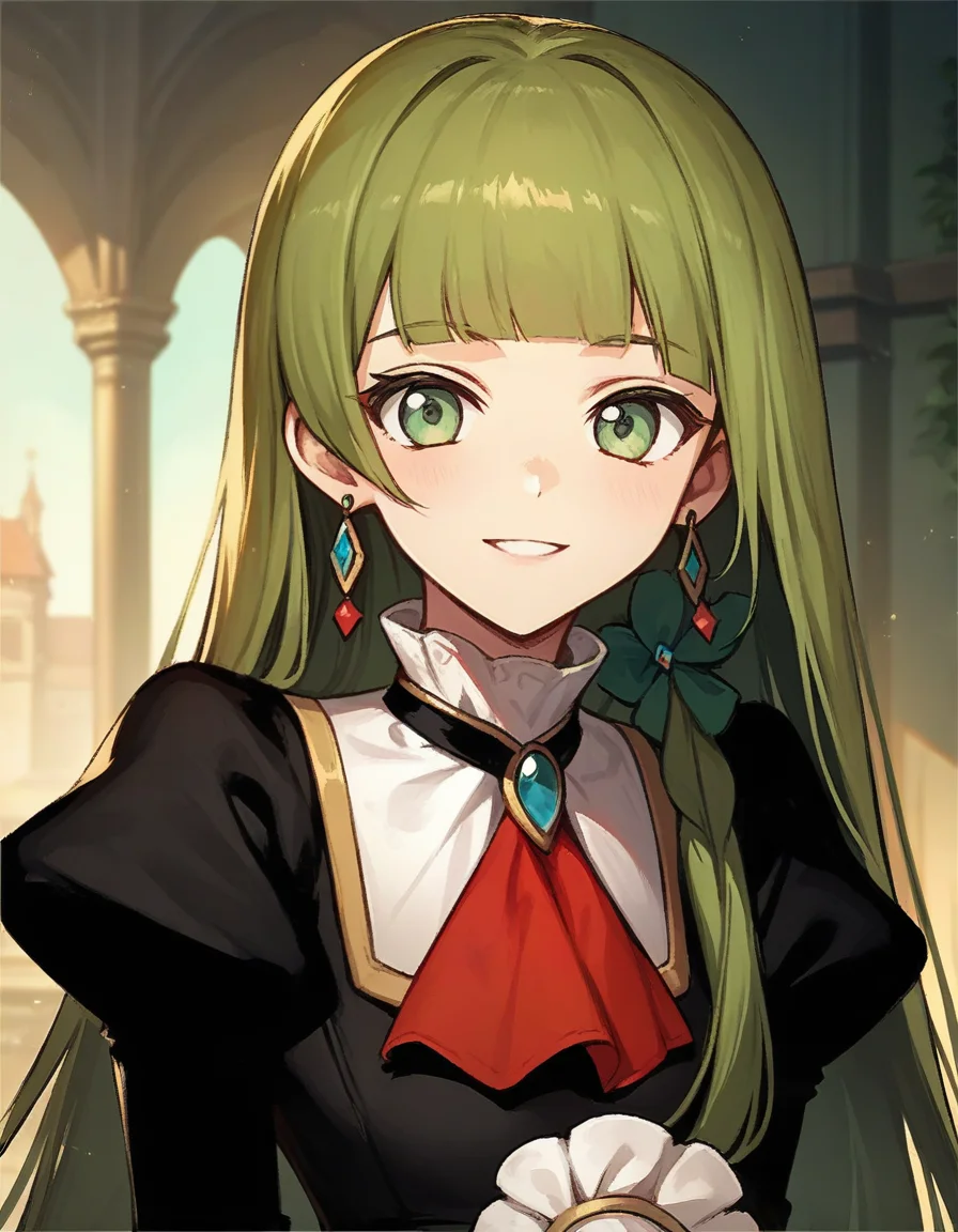 score_9,score_8_up,score_7_up,score_6_up BREAK official art,solo,outdoors,smile,upper body,(portrait:1.5),looking at viewer,facing viewer,nina handel,very long hair,green hair,side braid,earrings,green eyes,blunt bangs,jewelry,brooch,red ascot,black dress,puffy sleeves,juliet sleeves,long sleeves,red skirt,black socks,high heels,<lora:Nina Handel(vp)-Pony:0.9>,<lora:Smooth Anime Style LoRA XL:0.8>,